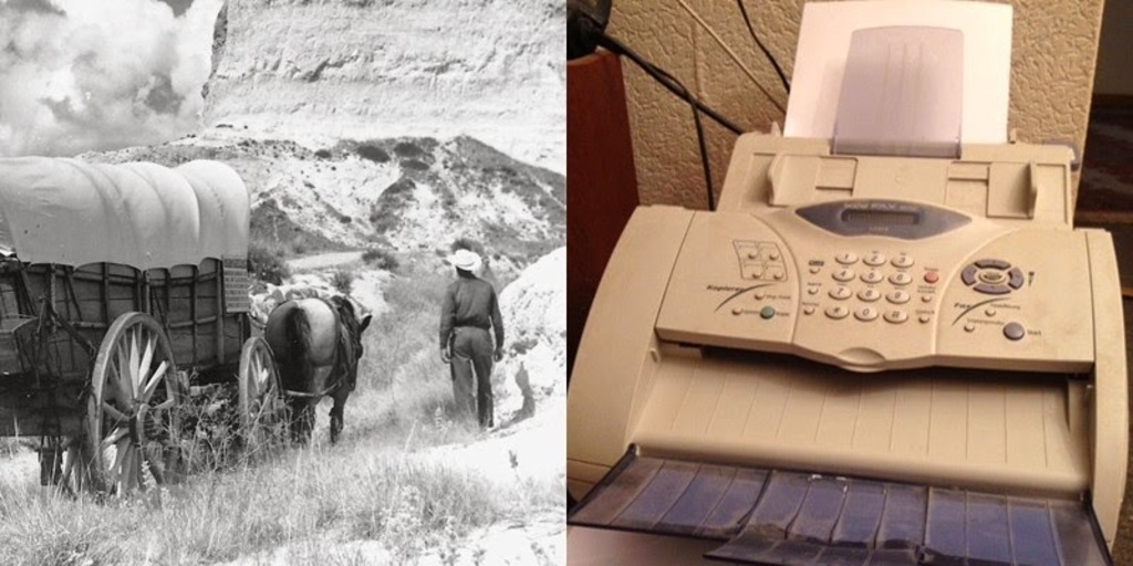 The fax machine was invented the same year people were traveling the Oregon Trail. The first fax machine was developed by Alexander Bain in 1843, meanwhile The Great Migration began across America.