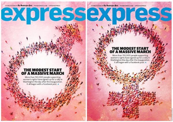 A big "oops!" for The Washington Post Express. The cover story is on the Women's March on Washington, which will take place the day after Donald Trump's inauguration. There's one BIG problem, however—the publication erroneously used the symbol for men, rather than women, on its cover.

The magazine, as you can imagine, was eviscerated on social media, but to their credit, staff quickly acknowledged the mix-up, tweeting, “We made a mistake on our cover this morning, and we're very embarrassed. We erroneously used a male symbol instead of a female symbol.” They followed that up with a post featuring what the cover image should have looked like, with the correct symbol for female.