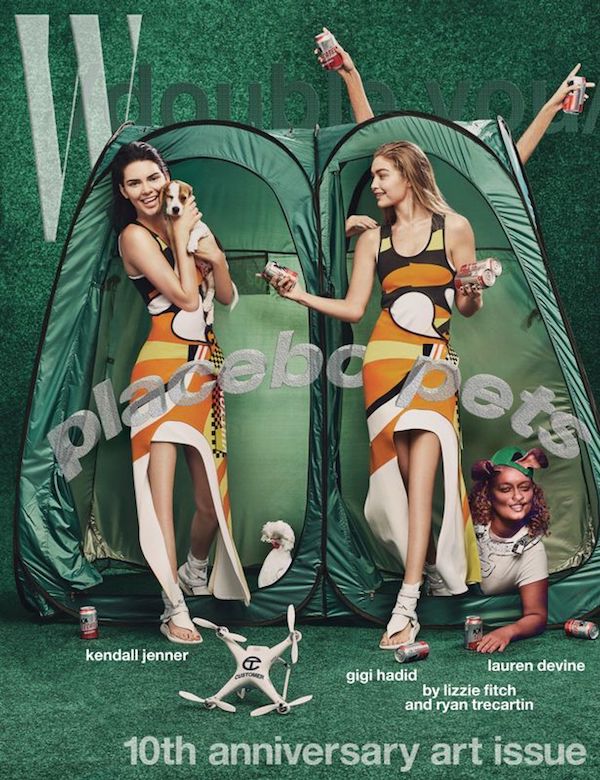 Models Kendall Jenner and Gigi Hadid have had their knees removed for a recent cover of W magazine.

The cover shot shows Kendall cuddling a puppy and Gigi offering her a drink, while a chicken peeks out of a tent and a drone lies abandoned in the foreground—weird enough even without the limb issue. Both women appear to have odd, rubbery-looking kneeless legs, more commonly seen on a Barbie doll. While W editors insist it was likely part of a plan on behalf of cover artists Lizzie Fitch and Ryan Trecartin, we're not so convinced.