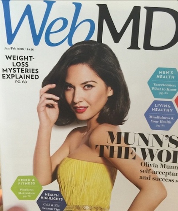 Olivia Wilde looks like she's about to topple over on the cover of WebMD—her head is about twice its normal size, and her hand looms over her in a rather disturbing way.

Despite the comic obviousness of the error and the fact that it came out in January 2016, it was months later, in May 2016, that it was picked up across social media and went viral.
