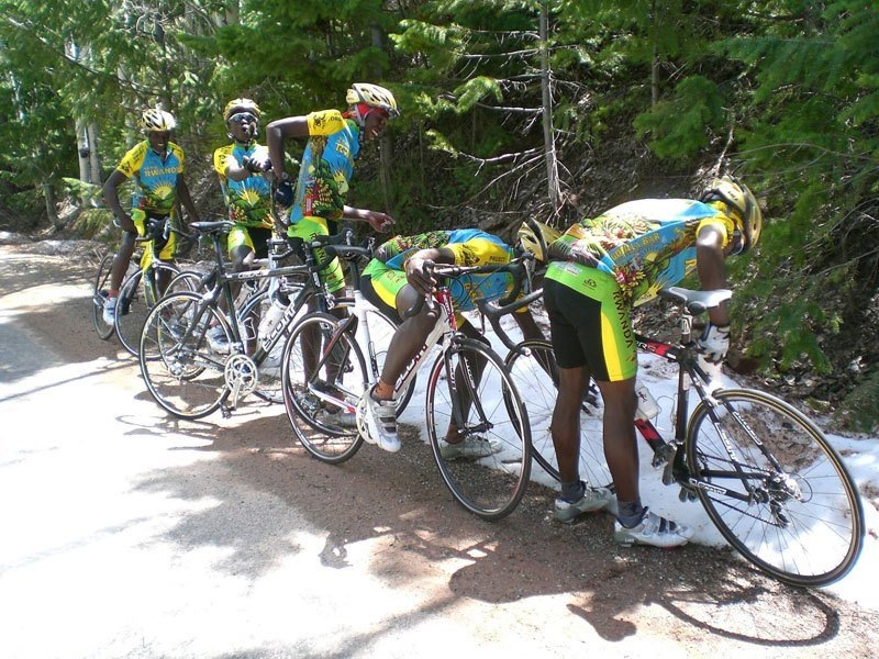 Team Rwanda Cycling stop to touch some snow as it was the team’s first time ever seeing it