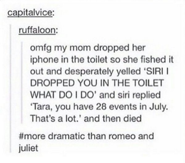 explain anxiety to a partner - capitalvice ruffaloon omfg my mom dropped her iphone in the toilet so she fished it out and desperately yelled 'Sirii Dropped You In The Toilet What Do I Do' and siri replied 'Tara, you have 28 events in July. That's a lot.'