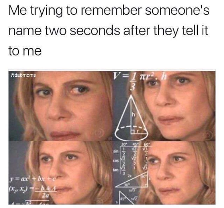 maths meme - Me trying to remember someone's name two seconds after they tell it to me 1 nr. Wismonies y ax bx to x,x b$ 2a