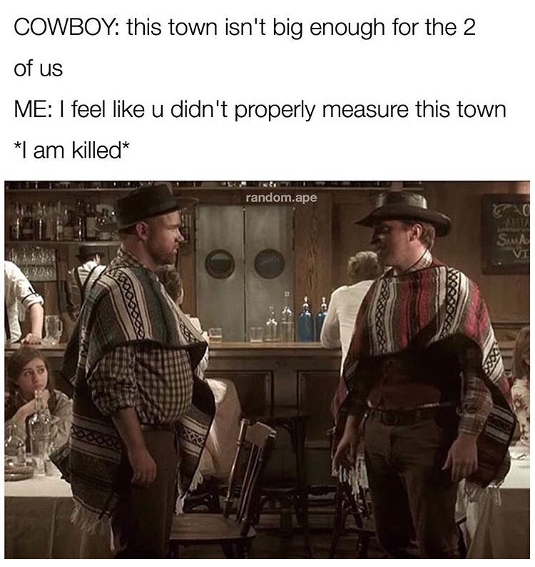 wild west funny memes - Cowboy this town isn't big enough for the 2 of us Me I feel u didn't properly measure this town I am killed random.ape