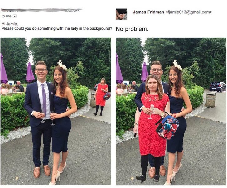 james photoshop - James Fridman  to me Hi Jamie, Please could you do something with the lady in the background? No problem.
