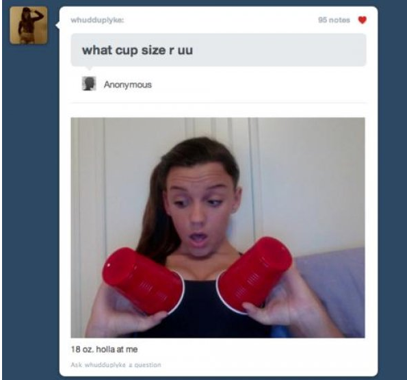 tumblr - funny comments - whudduply 95 notes what cup size r uu Anonymous 18 oz. holla at me Ask whuddup Ouestion