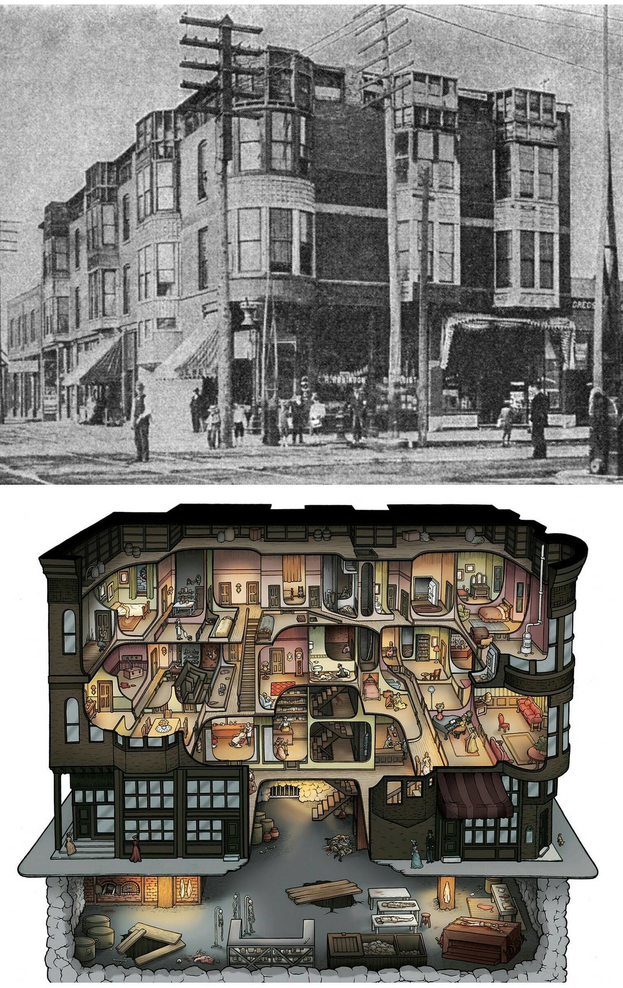 A picture and diagram of H. H. Holmes’ murder hotel, a specially designed building for killing. It contained gas chambers, torture rooms, secret passages, trap doors and ovens. It is estimated he killed 200 people in this building)
