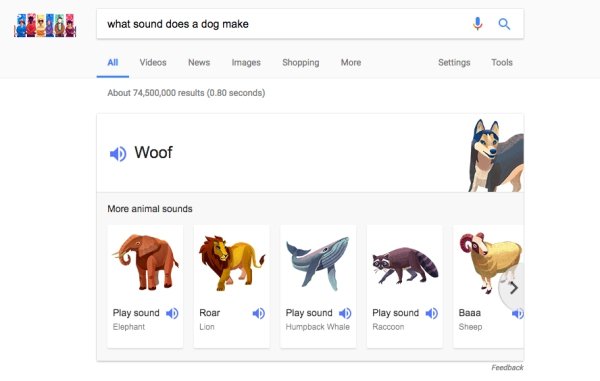 Do a search for “what sound does a dog make” and you can play that sound. There are other animals sounds to play as well.