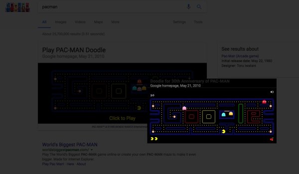 In honor of Pacman’s 30th anniversary, google made the Easter egg allowing you play the game by searching “Pacman.”