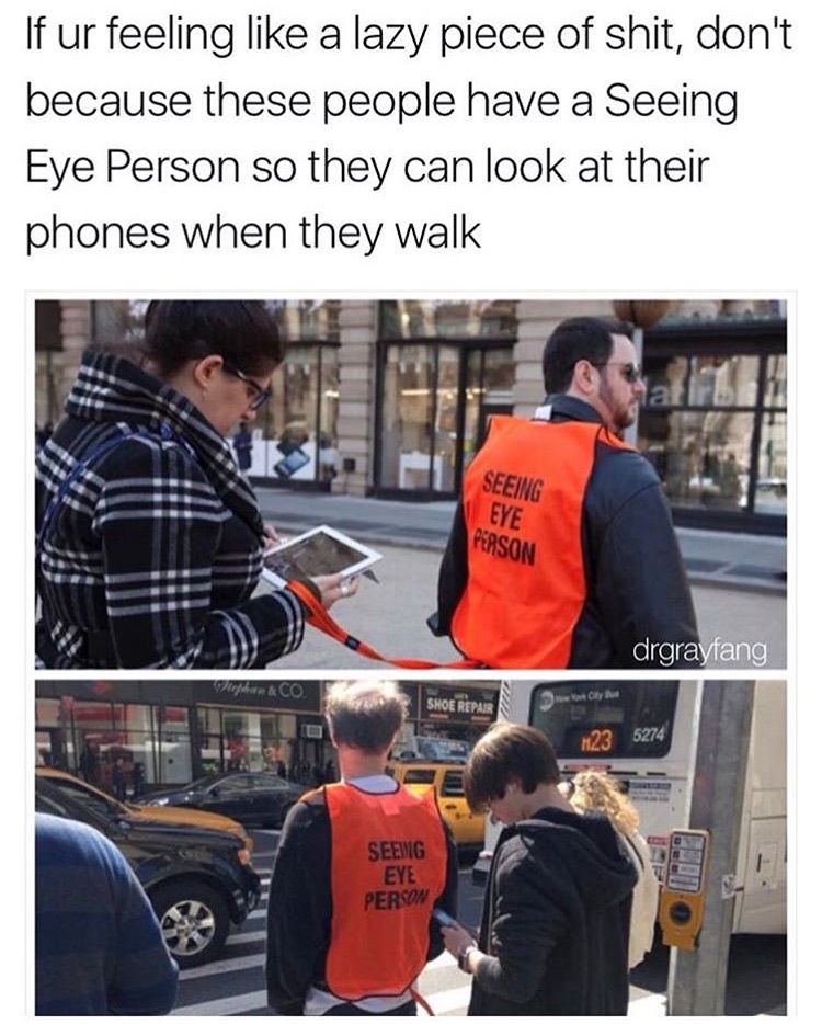 memes - gaming chair meme - If ur feeling a lazy piece of shit, don't because these people have a Seeing Eye Person so they can look at their phones when they walk Seeing Eye Person drgrayfang tephen & Co Shoe Repair 123 5274 Seemg Eye Peron