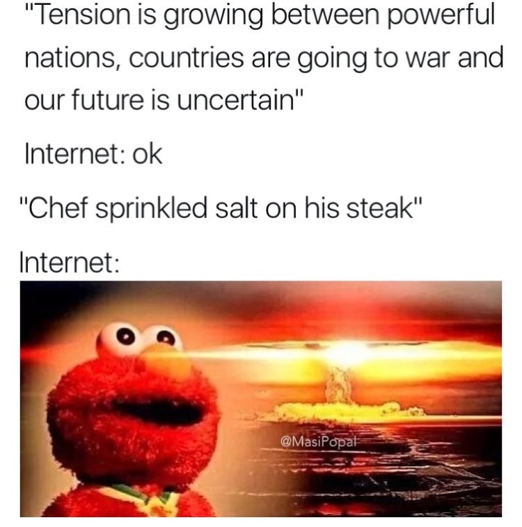 memes - kid cudi hums - "Tension is growing between powerful nations, countries are going to war and our future is uncertain" Internet ok "Chef sprinkled salt on his steak" Internet