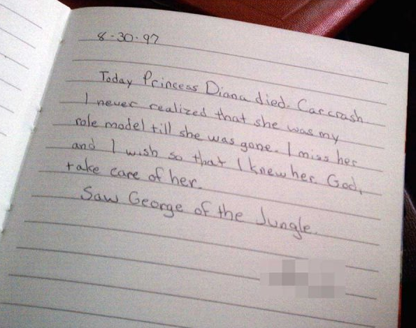 my diary example - 83092. lized that she was my Today Princess Diana died. Carcrash never realized that she wo role model till she was gone. I miss her and I wish so that I knew her. God take care of her Sow George of the Jungle