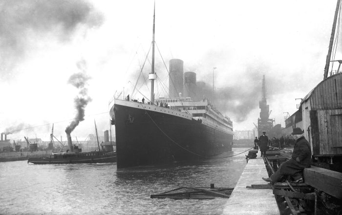 Titanic leaves port in 1912.