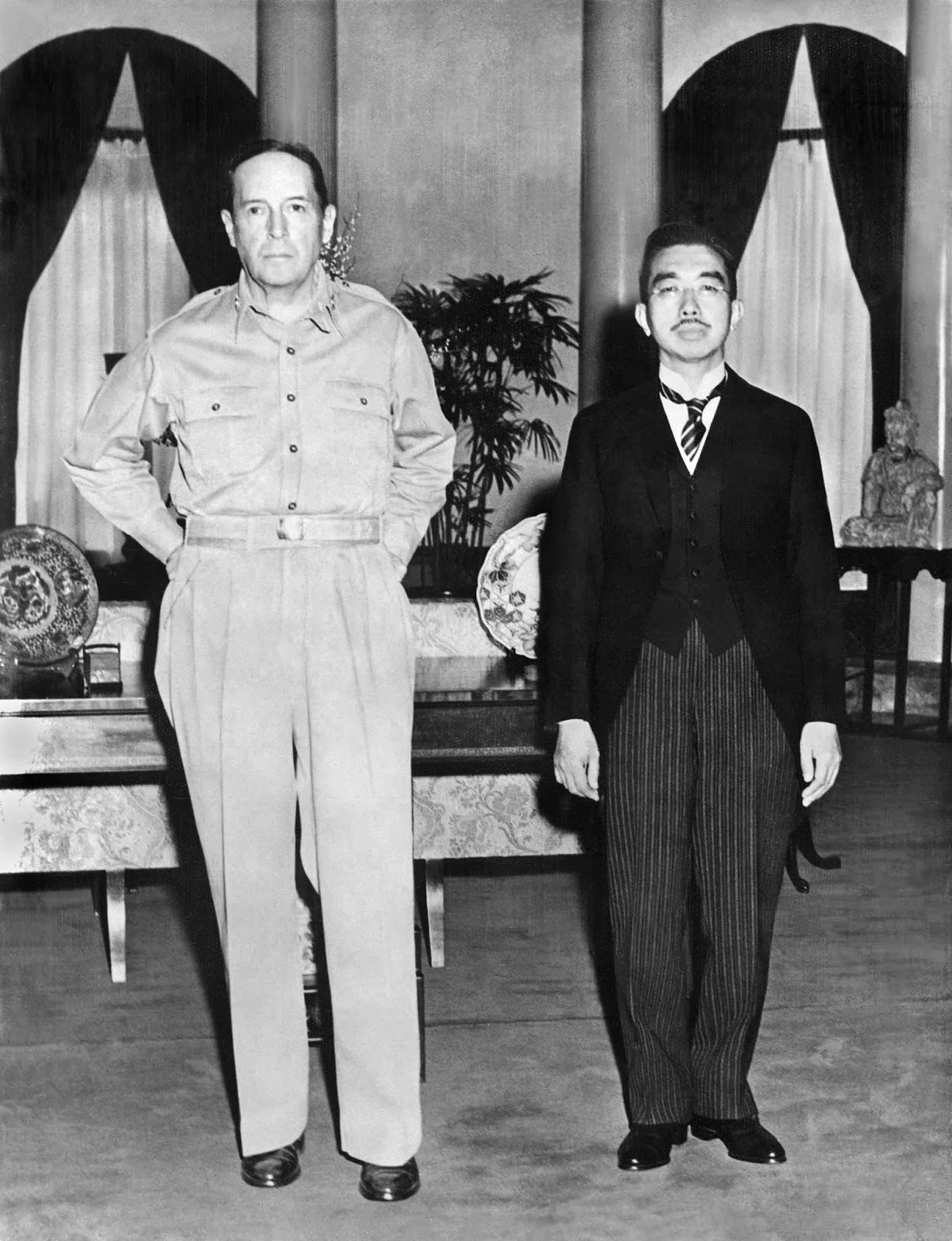 Emperor Hirohito and General MacArthur meeting for the first time, 1945.

Many Japanese were extremely offended by this picture because of how casual MacArthur is looking and standing while next to the Emperor, who was supposed to be a god.
The Japanese government immediately banned the photo of the Emperor with MacArthur under the grounds that it damaged the imperial mystique, but MacArthur rescinded the ban and ordered all of the Japanese newspapers to print it.