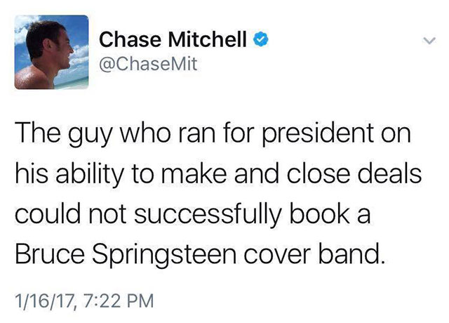 leopards eating faces party - Chase Mitchell Mit The guy who ran for president on his ability to make and close deals could not successfully book a Bruce Springsteen cover band. 11617,