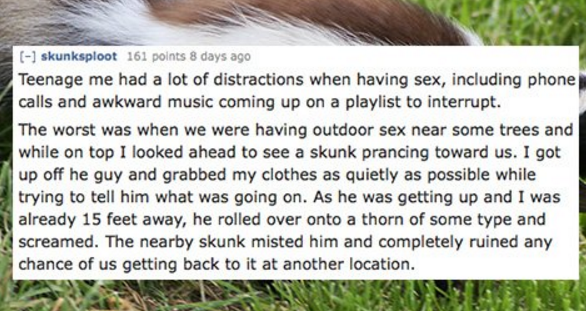 grass - skunksploot 161 points 8 days ago Teenage me had a lot of distractions when having sex, including phone calls and awkward music coming up on a playlist to interrupt. The worst was when we were having outdoor sex near some trees and while on top I 