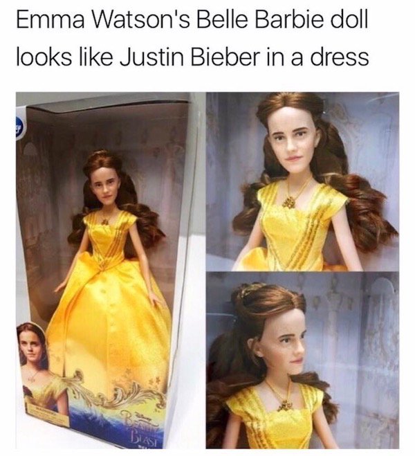 there was an attempt beauty and the beast live action doll - Emma Watson's Belle Barbie doll looks Justin Bieber in a dress