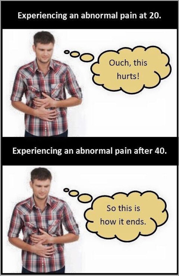 meme - stomach hurts meme - Experiencing an abnormal pain at 20. ool Ouch, this hurts! Experiencing an abnormal pain after 40. So this is how it ends.
