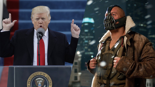 Did President Trump quote a Batman villain in his inaugural speech? 

Trump was referring to the transfer of power that occurs during the inauguration, when he said, "Today we are not merely transferring power from one administration to another or from one party to another, but we are transferring power from Washington, D.C., and giving it back to you, the people.”

In 2012's The Dark Knight Rises, Bane, played by Tom Hardy, pledges to wrest control of Gotham City from corrupt forces saying: “We take Gotham from the corrupt! The rich! The oppressors of generations who have kept you down with myths of opportunity. And we give it to you, the people.”

Despite one having been delivered by a supergenius villain raised in prison and the other by the newly-inaugurated leader of the free world, the messages are surprisingly similar.