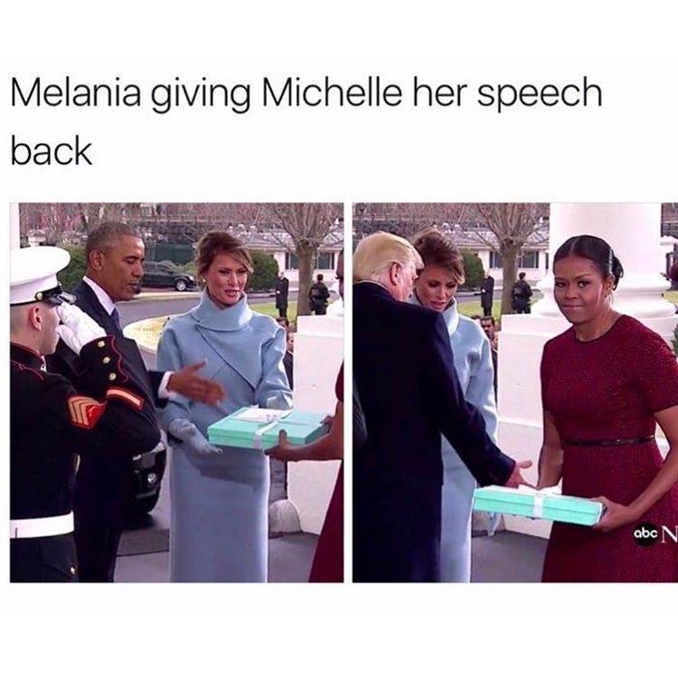 memes - michelle obama face trump - Melania giving Michelle her speech back abc N