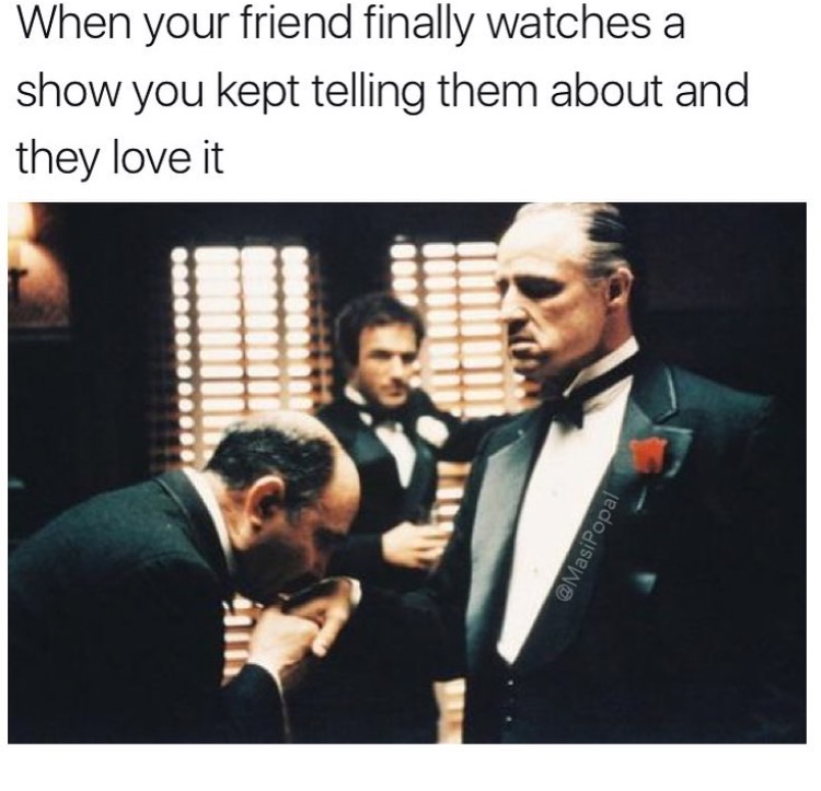 memes - meme the godfather - When your friend finally watches a show you kept telling them about and they love it eneo.