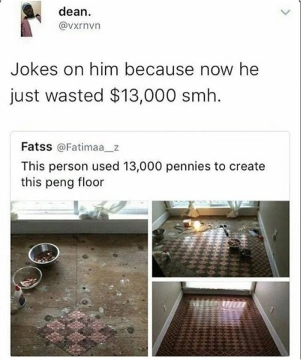 people are so stupid - dean. Jokes on him because now he just wasted $13,000 smh. Fatss This person used 13,000 pennies to create this peng floor