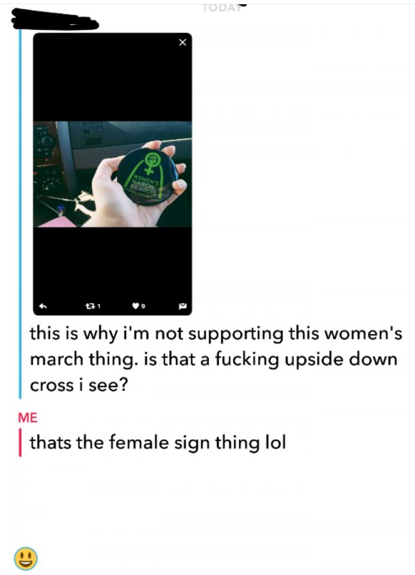 multimedia - Toda 71 this is why i'm not supporting this women's march thing. is that a fucking upside down cross i see? Me thats the female sign thing lol