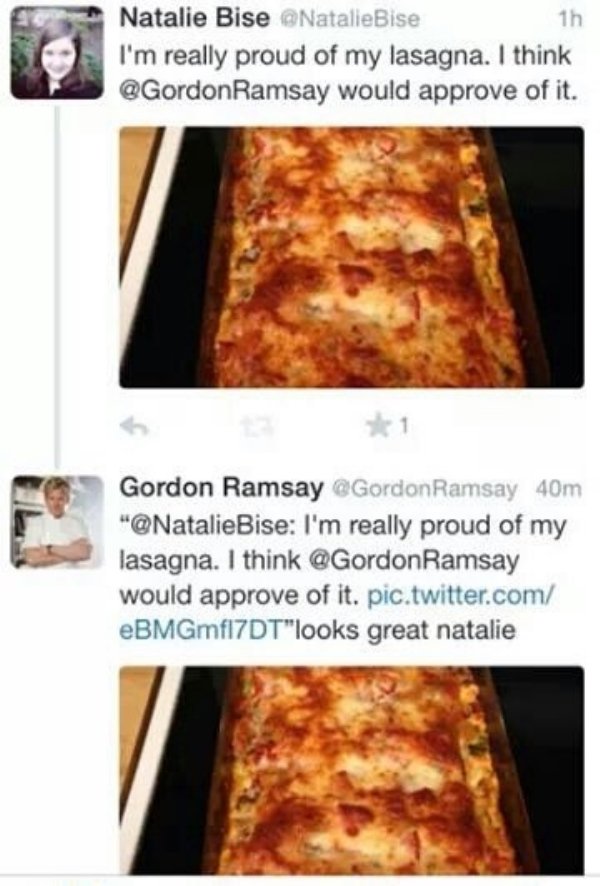 gordon ramsay lasagna - 1h Natalie Bise I'm really proud of my lasagna. I think Ramsay would approve of it. Gordon Ramsay Ramsay 40m " Bise I'm really proud of my lasagna. I think Ramsay would approve of it. pic.twitter.com eBMGmf17DT"looks great natalie