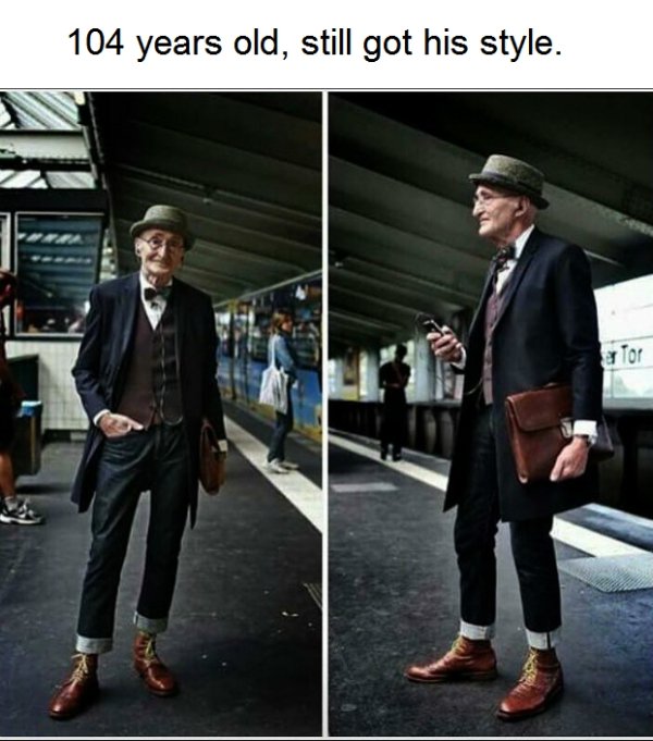 hipster old man - 104 years old, still got his style.