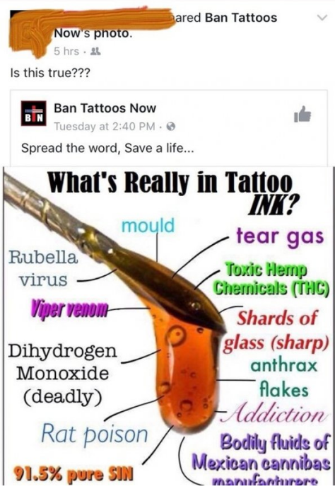 music - Jared Ban Tattoos Now's photo. 5 hrs. Is this true??? Bn Ban Tattoos Now Tuesday at . Spread the word, Save a life... What's Really in Tattoo INT2 mould Rubella virus Vipervenom Dihydrogen Monoxide deadly Rat poison 91.5% pure Sim tear gas Toxic H