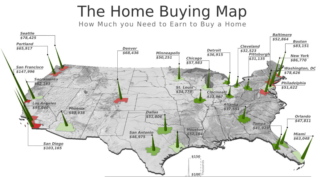 This 3D Map Shows How Much You Must Earn to Buy a Home in 27 Major U.S. Metros