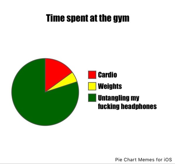 diagram - Time spent at the gym Cardio Weights Untangling my fucking headphones Pie Chart Memes for iOS