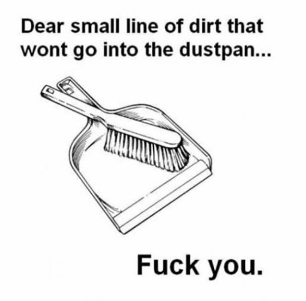 dear small line of dirt - Dear small line of dirt that wont go into the dustpan... Fuck you.