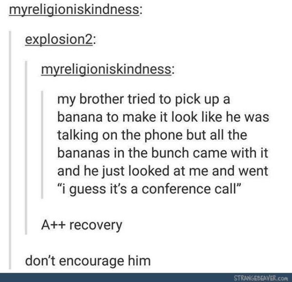 tumblr - posts strange - myreligioniskindness explosion2 myreligioniskindness my brother tried to pick up a banana to make it look he was talking on the phone but all the bananas in the bunch came with it and he just looked at me and went "i guess it's a 