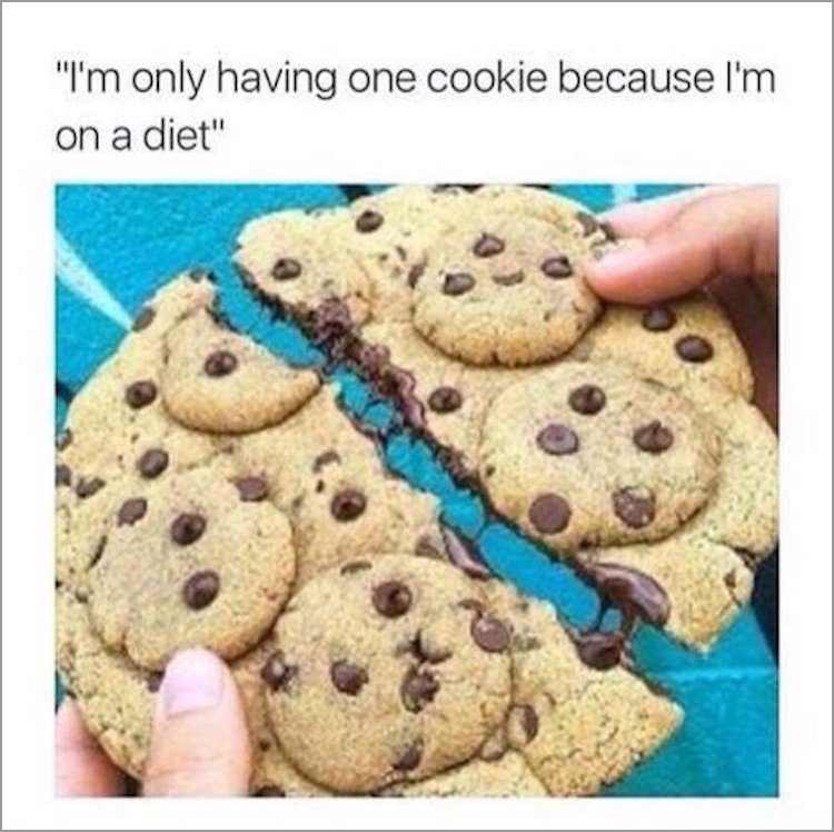 memes - epic chocolate chip cookies - "I'm only having one cookie because I'm on a diet"