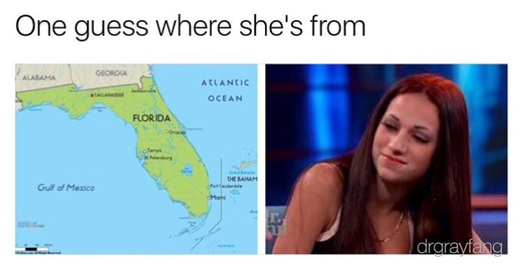 memes - atlantic ocean meme - One guess where she's from Alabama Georgia Atlantic Ocean Florida Maham Gulf of Mexico drarayfang