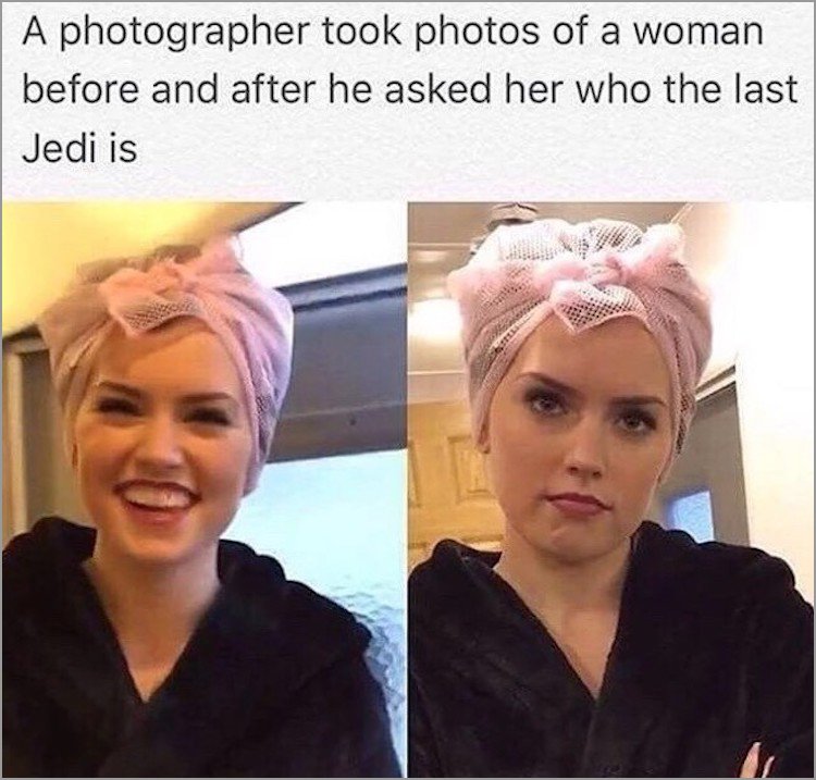 memes - hair coloring - A photographer took photos of a woman before and after he asked her who the last Jedi is