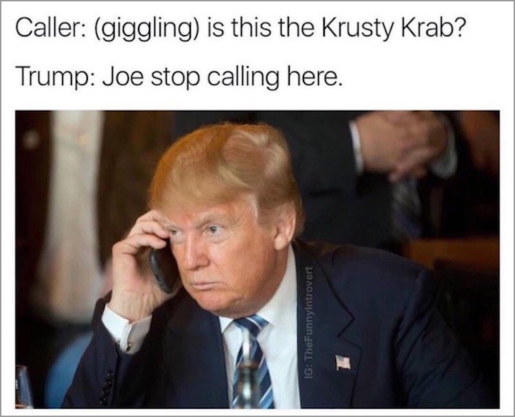 memes - trump in phone - Caller giggling is this the Krusty Krab? Trump Joe stop calling here. Ig TheFunnyIntrovert