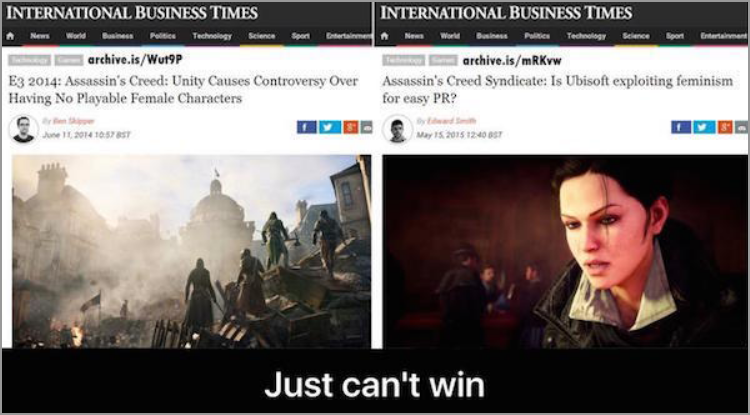 unity assasin creed - International Business Times International Business Times archive.isWu9P E3 2014 Assassin's Creed Unity Causes Controversy Over Having No Playable Female Characters archive.ismRKvw Assassin's Creed Syndicate Is Ubisoft exploiting fem