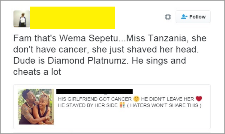 web page - Fam that's Wema Sepetu... Miss Tanzania, she don't have cancer, she just shaved her head. Dude is Diamond Platnumz. He sings and cheats a lot His Girlfriend Got Cancer He Didn'T Leave Her He Stayed By Her Side Xx Haters Won'T This