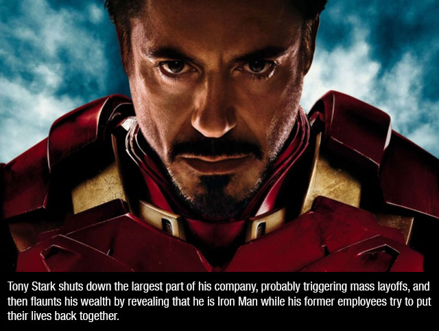 iron man face real - Tony Stark shuts down the largest part of his company, probably triggering mass layoffs, and then flaunts his wealth by revealing that he is Iron Man while his former employees try to put their lives back together.