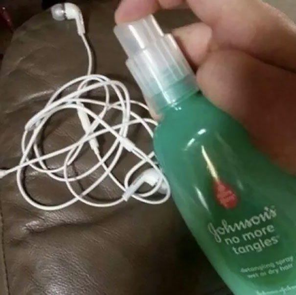 Spray your tangled earphones with Johnson's "No More Tangles."