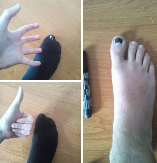 Instead of buying new socks, use a permanent marker to cover where the hole is on your toenail.