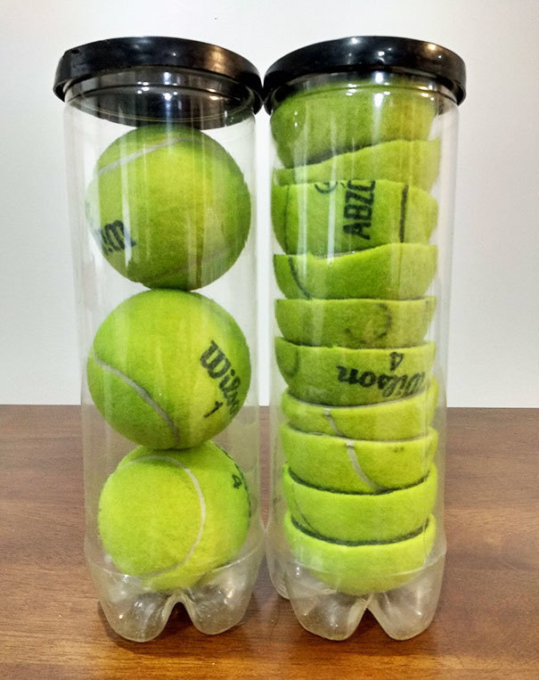 Cut your tennis balls in half to store two more balls in each can.