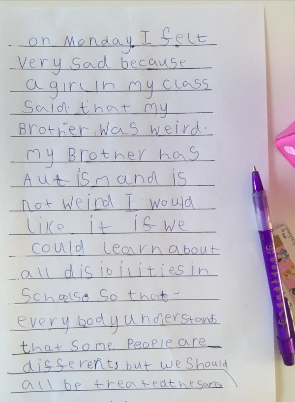 heartwarming letter to my autistic brother - on Monday I felt very sad because agiruin my class said that my Brother. Was weird. My Brother has Aut is mand is not weird I would it if we could learn about all disibilities in Schoolso so that every body und