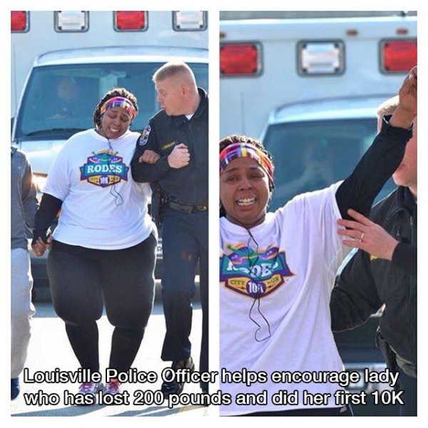 heartwarming fashion accessory - Rodes in Louisville Police Officer helps encourage lady who has lost 200 pounds and did her first 10K