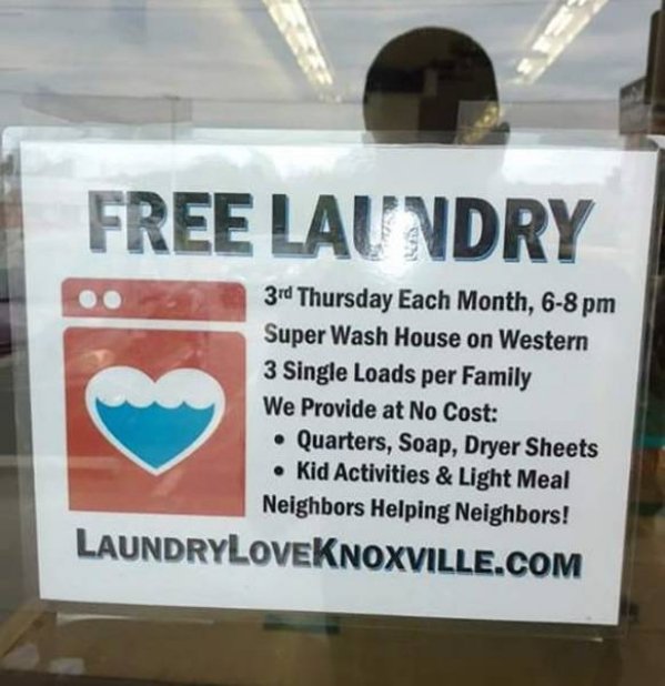 heartwarming banner - Free Laundry 3rd Thursday Each Month, 68 pm Super Wash House on Western 3 Single Loads per Family We Provide at No Cost Quarters, Soap, Dryer Sheets Kid Activities & Light Meal Neighbors Helping Neighbors! Laundryloveknoxville.Com