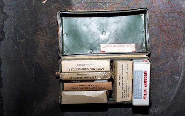 First Aid kit, with various powders and ointments. This was a common thing to find in Cold War Era fallout shelters.