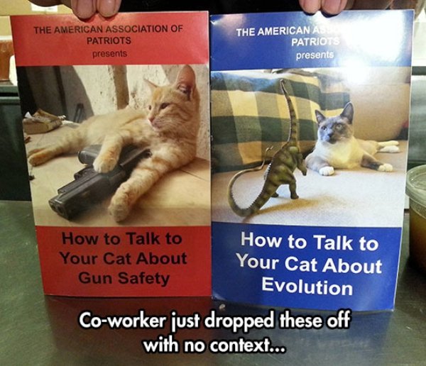 no context cat - The American Association Of Patriots presents The American A Patriots presents How to Talk to How to Talk to Your Cat About Your Cat About Gun Safety Evolution Coworker just dropped these off with no context...