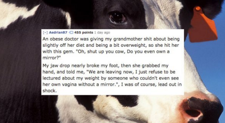 black and white cow - Aedrian87 455 points 1 day ago An obese doctor was giving my grandmother shit about being slightly off her diet and being a bit overweight, so she hit her with this gem. "Oh, shut up you cow, Do you even own a mirror?" My jaw drop ne